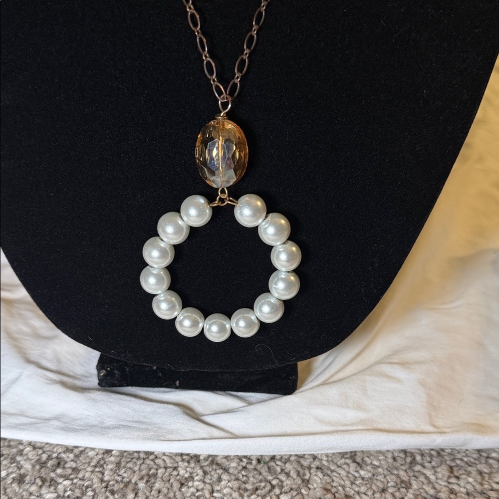 Long Gold-Tone Pearl Hoop Pendant Necklace - Women's Jewelry - Picture 3 of 3
